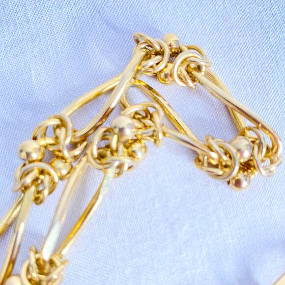 Gold Tone Collar Necklace Long Twisted Links Double Knots Joined Balled Rings - Picture 4 of 7